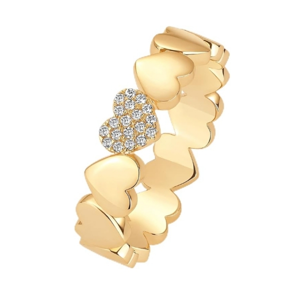14K Gold Plated Heart CZ Chunky  Statement Ring With Crystals